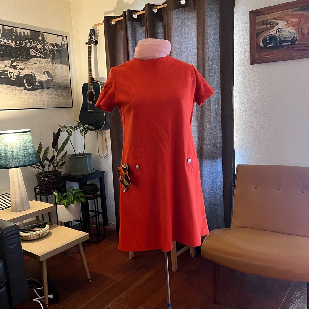 Vintage 1960s Deep Orange Gabardine Wool Dress Size 14